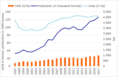 UK strawberry production, yield and area. Source: Defra 2018 and Rabobank estimate for 2017